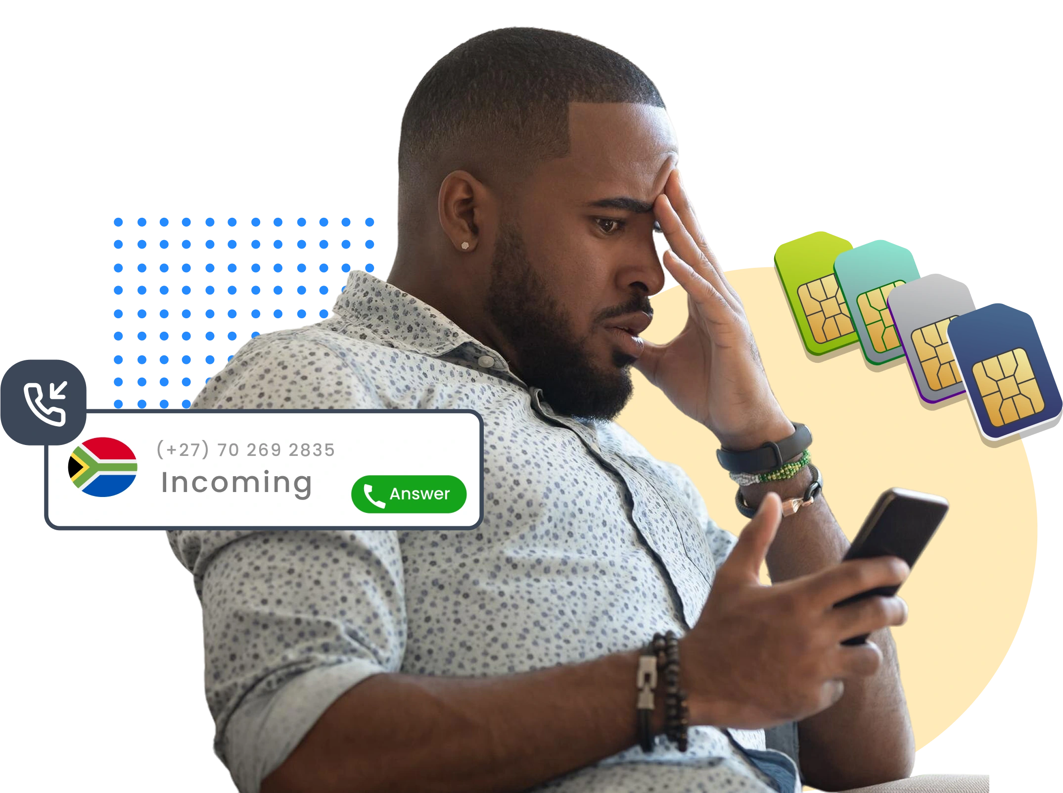 Man stressed because of multiple sim cards needed to run business